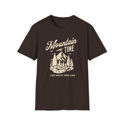 Mountain Time - Life Above Tree Line brown graphic t-shirt depicting a Subaru heading up a mountain road.