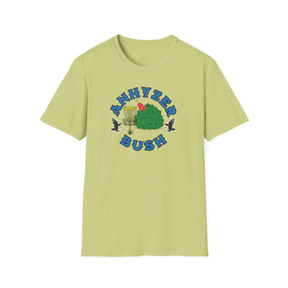 Pistacchio disc golf t-shirt with grahic showing an anhyzer throw going into a bush, the text says anhyzer bush.