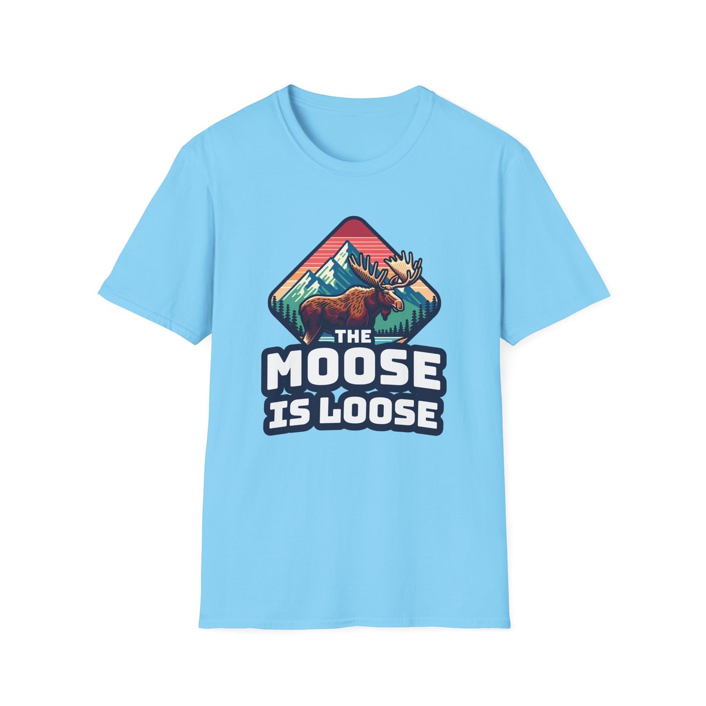 The Moose Is Loose graphic t-shirt in light blue.