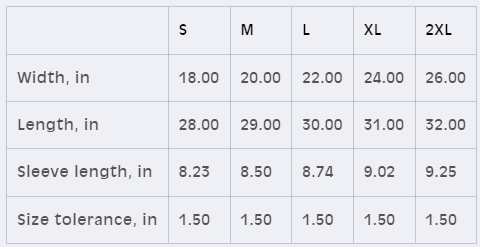 Gildan 64000 t-shirt dimensions